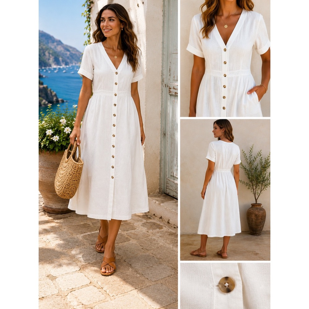 Cremieux Womens White Linen Blend Button Front Midi Dress V-Neck Pockets Size 12